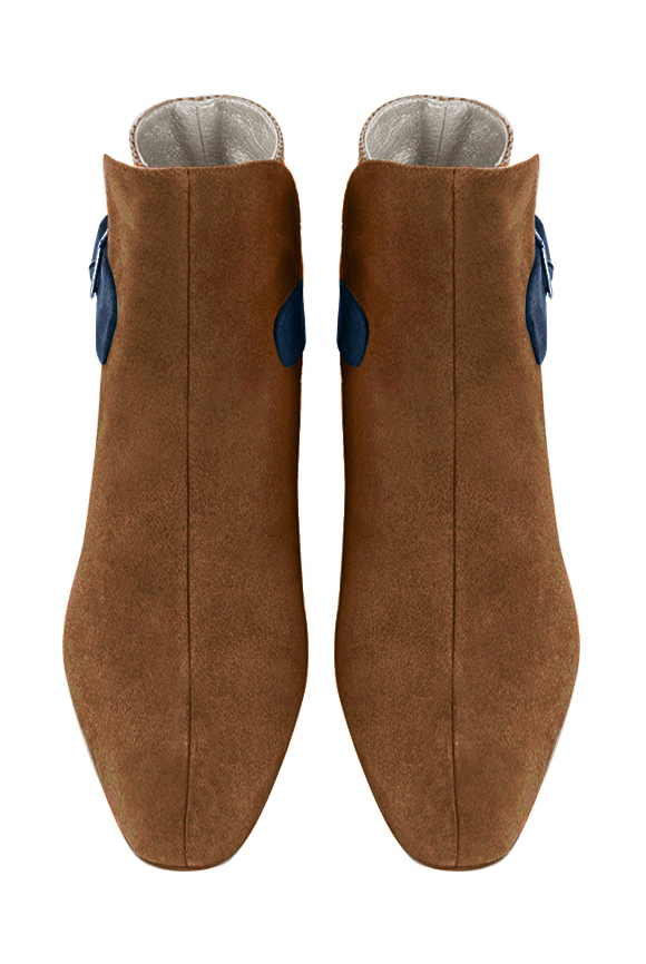 Caramel brown, tan beige and navy blue women's ankle boots with buckles at the back. Square toe. Medium block heels. Top view - Florence KOOIJMAN